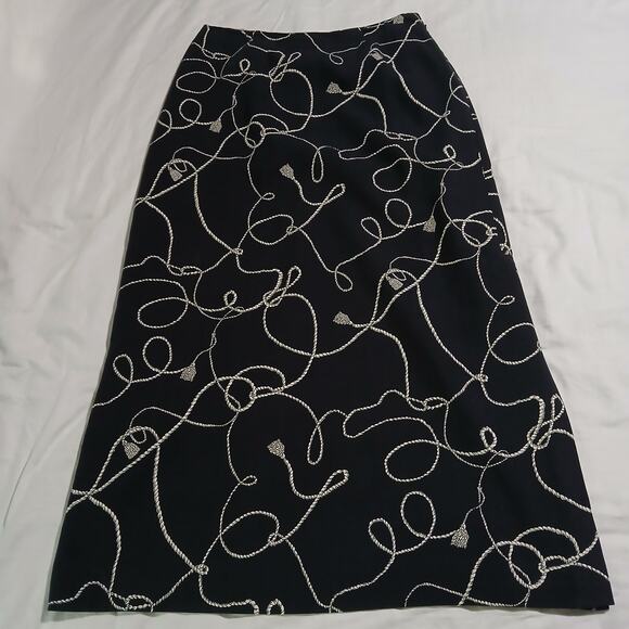 VTG Country Shop 10 SILK A-Line Side-Zip Side-Slit lined blck W/white rope print - Picture 1 of 9